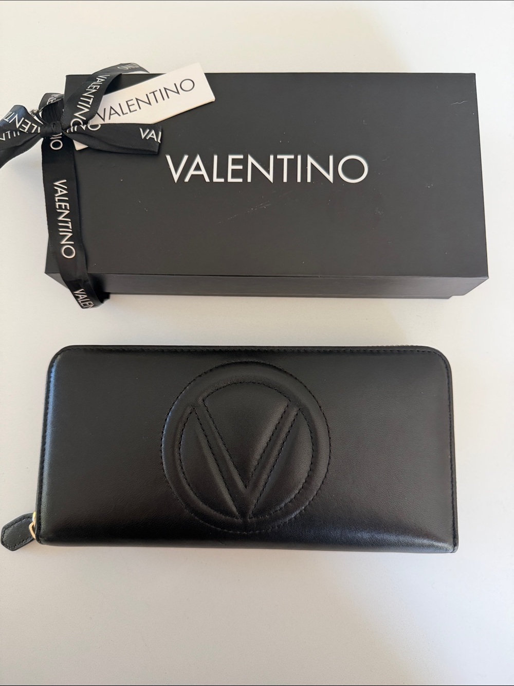 Valentino Black Leather Zip Wallet with Embossed V Logo